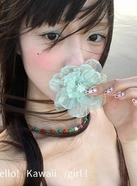 海边度假风薄荷绿色仿真花发夹女森系清新小众ins设计感雪纺发饰