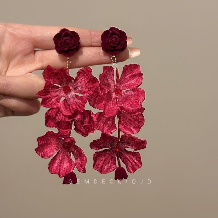 纯银耳钉新中式复古红色玫瑰花朵耳环女轻奢高级感港风气质夸张,饰品/流行首饰/时尚饰品新,耳环,淘宝优惠券,粉丝福利购,淘宝优惠卷