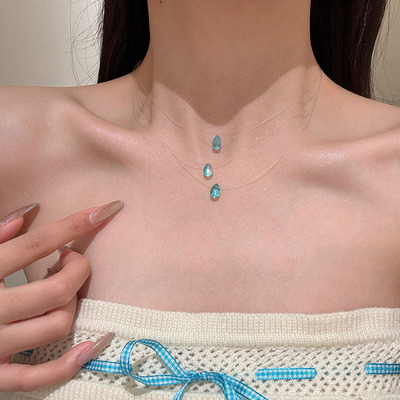 清冷感蓝色水滴项链女小众个性