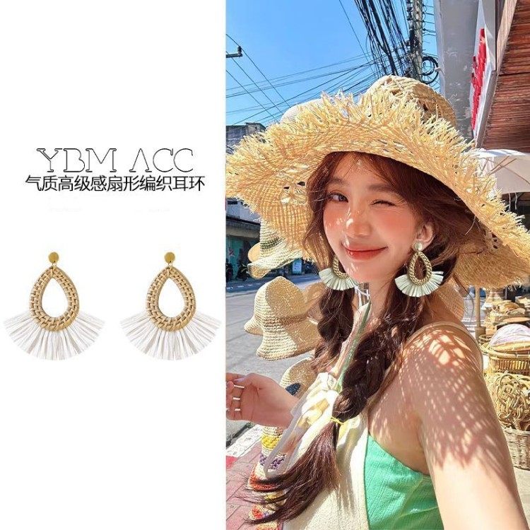 「藤编裙摆」耳夹纯银耳钉无耳洞夸张扇形度假民族风沙滩复古耳环,饰品/流行首饰/时尚饰品新,耳环,淘宝优惠券,粉丝福利购,淘宝优惠卷