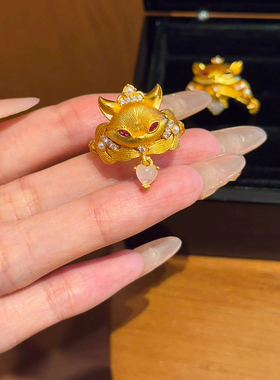 金色狐狸戒指女新中式拉丝国风