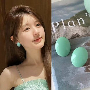 纯银耳钉薄荷绿椭圆形耳环女气质简约小清新独特几何少女风耳饰