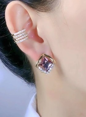 纯银耳钉紫色水晶方形女网红新款高级感显白耳饰气质百搭银针耳环