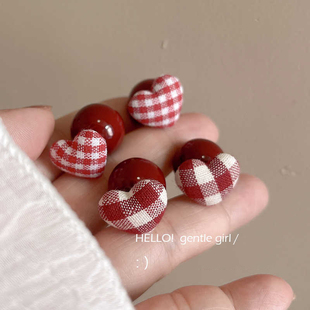 纯银耳钉秋冬红白格子布爱心红色珠子简约百搭耳环显白气质耳饰