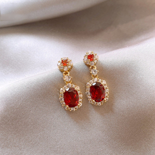 纯银耳钉红色几何方形水晶耳环女高级感轻奢春夏耳饰2026新款 爆款