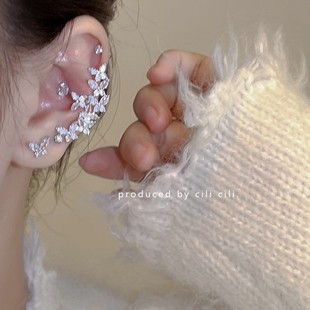 纯银耳钉法式超闪锆石蝴蝶耳骨夹小众高级感轻奢耳饰单边耳饰银针