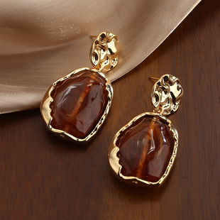 纯银耳钉S925银针中古风复古琥珀耳饰法式小众设计感个性气质女