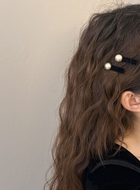 精致黑色丝绒贝珠发夹刘海边夹碎小巧前额夹迷你鸭嘴夹发卡女法式