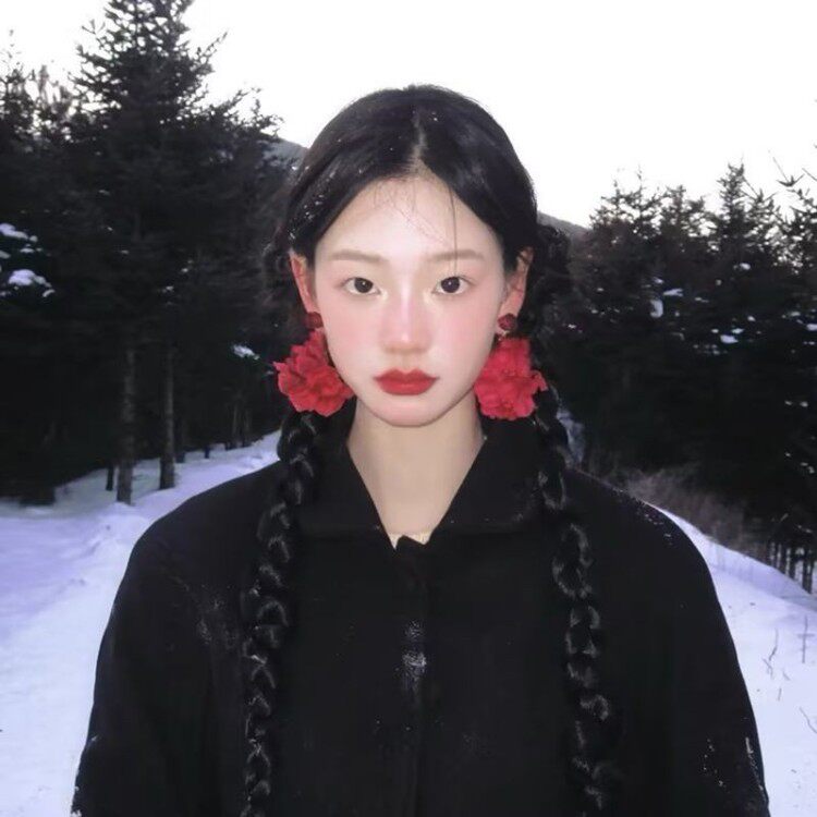 纯银耳钉宫廷复古红色花朵耳环轻奢高级感海边度假风夸张花瓣耳饰