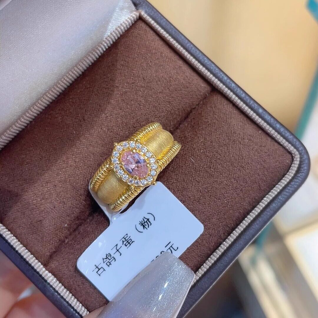中古金色戒指拉丝满圈锆石鸽子蛋重工高级感轻奢精致食指环女小众