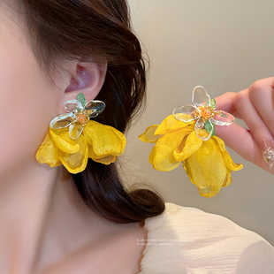 纯银耳钉超仙耳环黄色雪纺花朵个性夸张耳饰耳坠新款度假旅游饰品