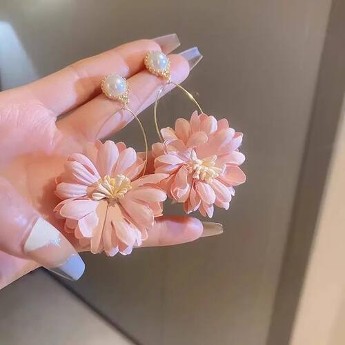 森系珍珠甜美粉色雏菊花朵耳环