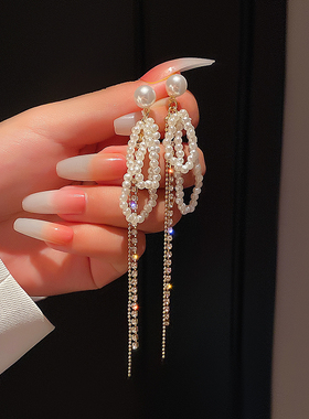 纯银耳钉白色珍珠长款流苏耳环女2025年新潮轻奢小众圆脸显瘦耳饰