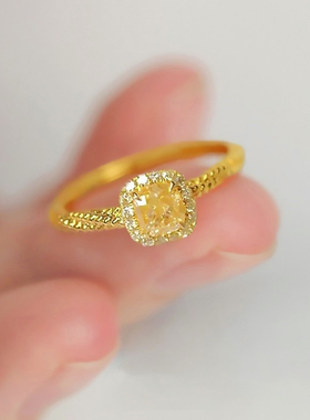 黄锆石戒指女轻奢超闪小方糖麻花