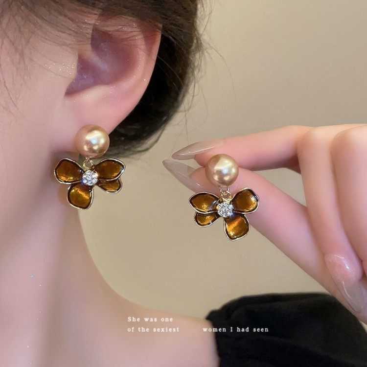 纯银耳钉复古咖色珐琅滴釉花朵耳环女独特气质轻奢高级感珍珠耳饰,饰品/流行首饰/时尚饰品新,耳环,淘宝优惠券,粉丝福利购,淘宝优惠卷
