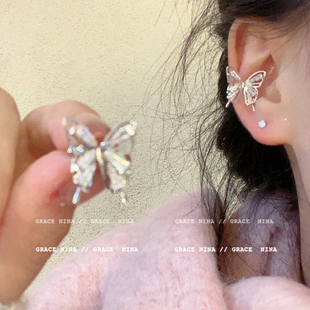 耳夹耳骨夹纯银耳钉无耳洞镂空锆石蝴蝶女新款精致小众百搭甜美风