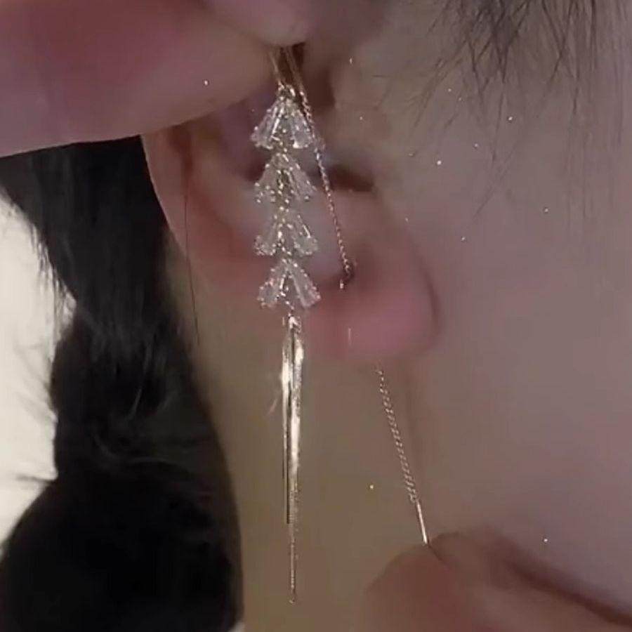 纯银耳线2026年新款耳环麦穗流苏轻奢简约长款树叶锆石气质高级