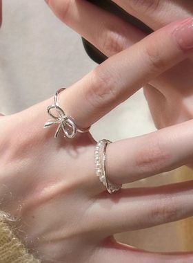 小众设计感蝴蝶结珍珠交叉戒指女