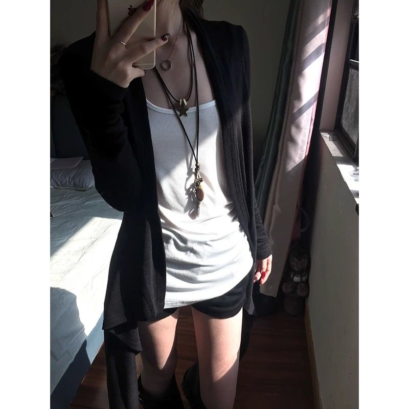 韩系不规则下摆黑色针织外套女夏季披肩外搭中长款高级感长袖上衣