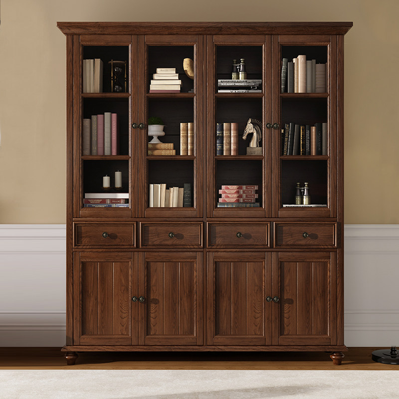 实木书柜带玻璃门落地组合家用3门四门美式书柜三门两门书橱带门