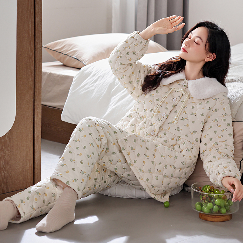 拉架棉睡衣女冬季三层加厚夹棉碎花纯棉家居服套装保暖棉袄可外穿