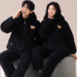 家居服套装 情侣睡衣女冬季 三层夹棉拉链牛奶绒珊瑚绒加厚保暖男士