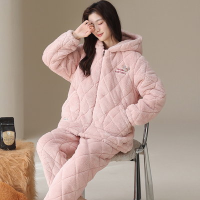 治愈系牛奶绒睡衣女士冬季三层夹棉加厚连帽拉链家居服套装可外穿
