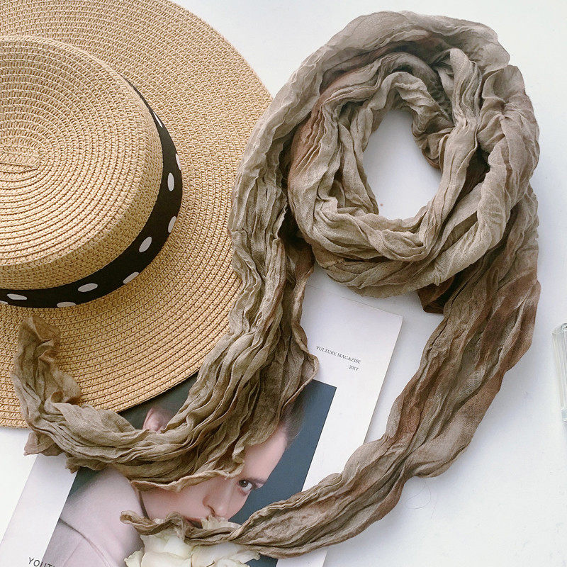 日系棉麻围巾女扎染单色春秋细窄长条薄款褶皱丝巾百搭时尚围脖
