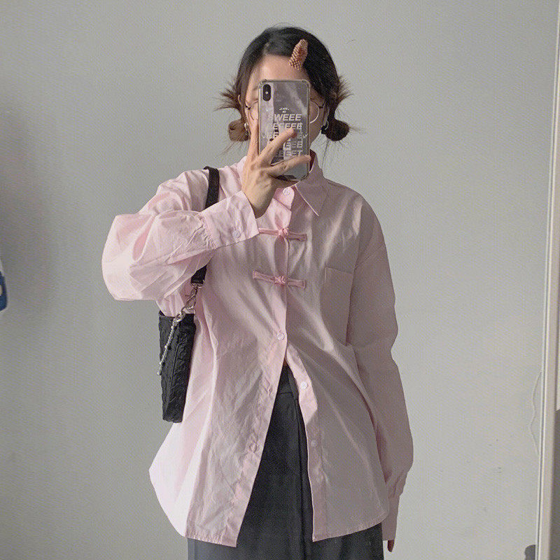 藕粉色中式盘扣长袖衬衫女甜美日系学生国潮风设计感小众