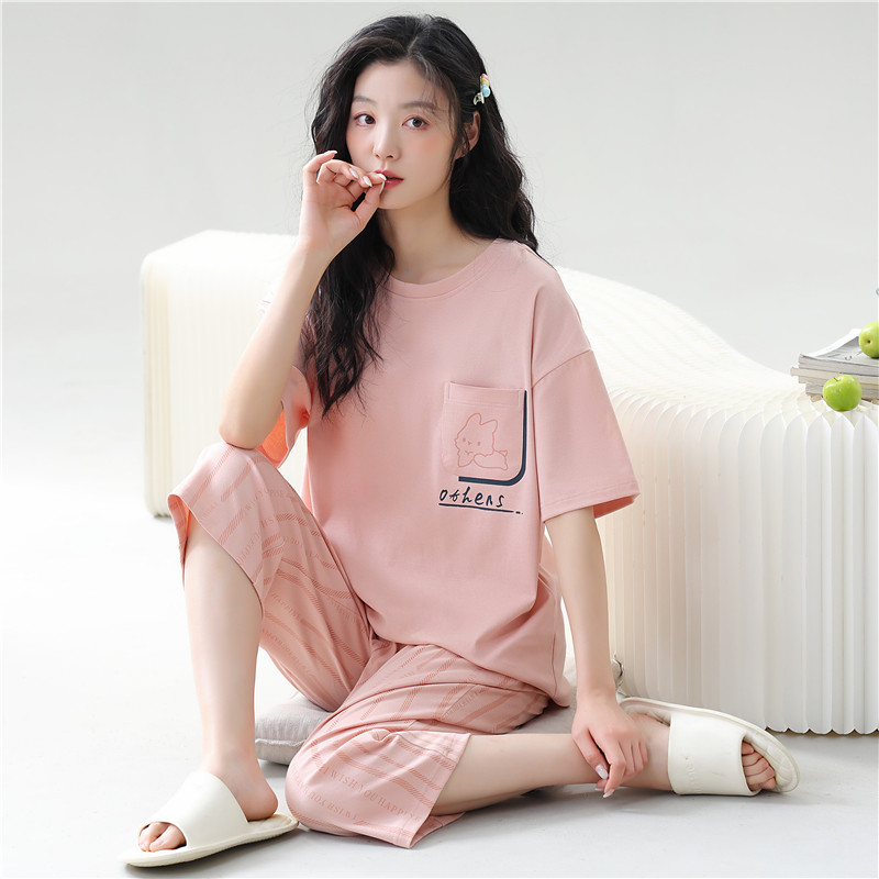 女士睡衣七分裤夏季薄款套装休闲纯棉可外穿运动居服春秋天