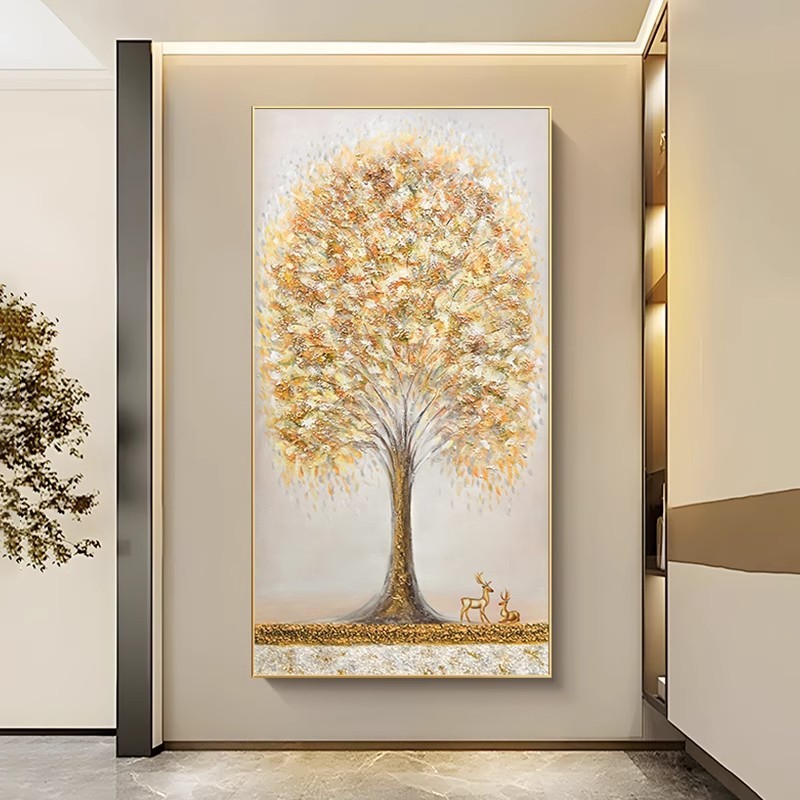 纯手绘油画发财树麋鹿入户玄关装饰画现代轻奢走廊过道挂画高级感图片