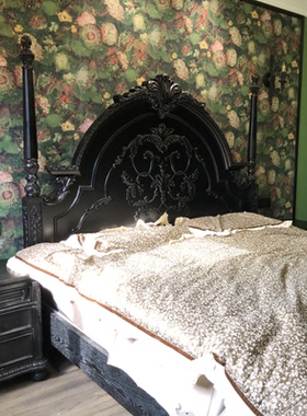 法式美式实木橡木复古做旧双人雕花小户型公主床黑色150/180婚床