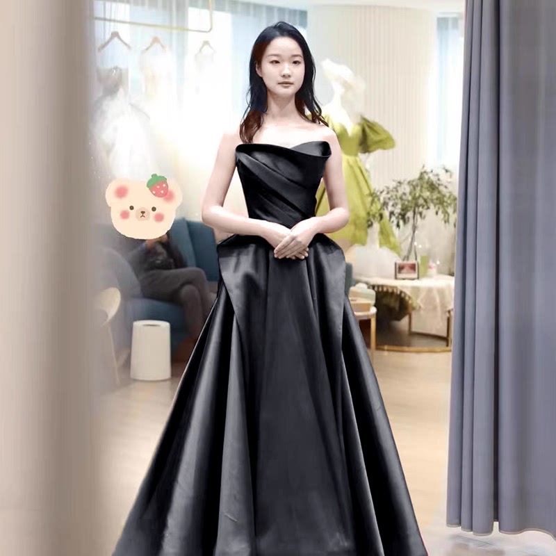 新品抹胸高级感黑色缎面晚礼服年会礼服女宴会轻奢小众公主裙收腰