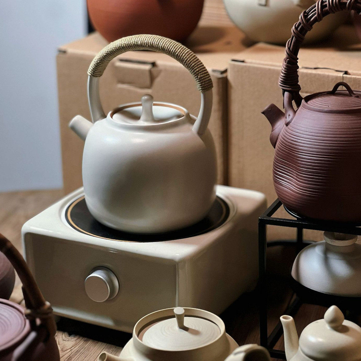苏打釉养生白泥壶陶瓷烧水壶泡茶功夫煮茶壶提梁壶煮水壶明火陶壶