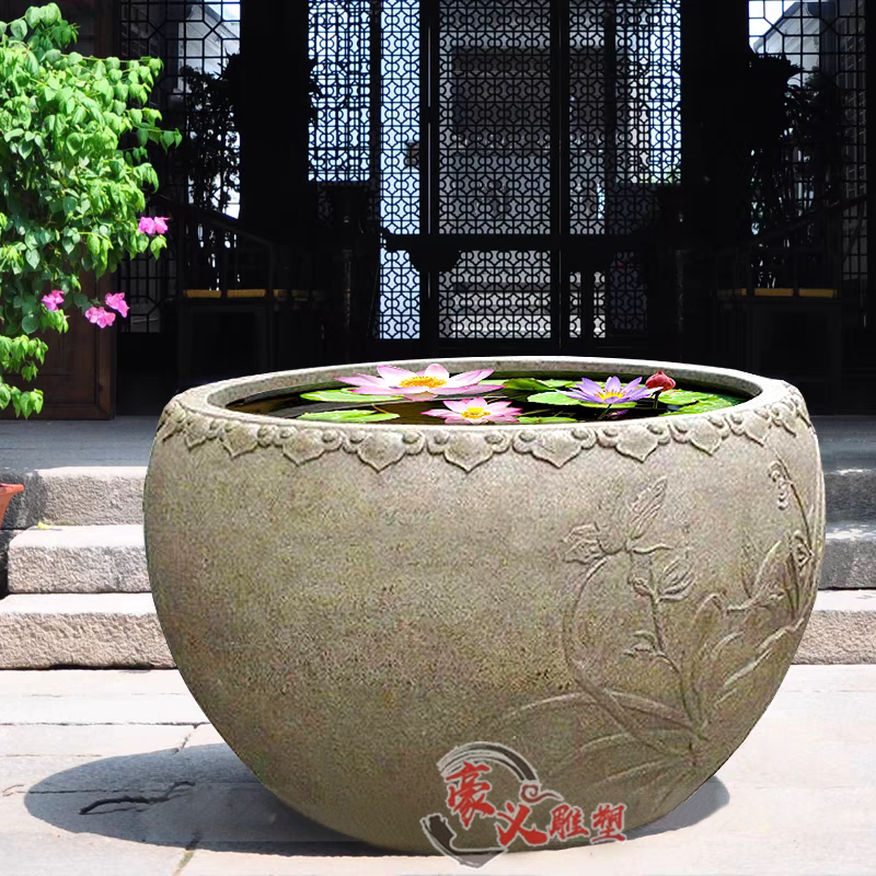 青石石雕鱼缸养花养鱼石缸花盆石缸户外装饰圆形流水仿古石槽庭院