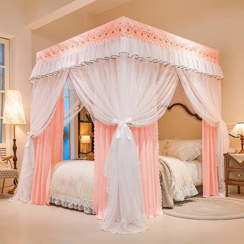 2025新款布帘遮光防蚊落地蚊帐刺绣花边款宫廷蚊帐三开门双层家用