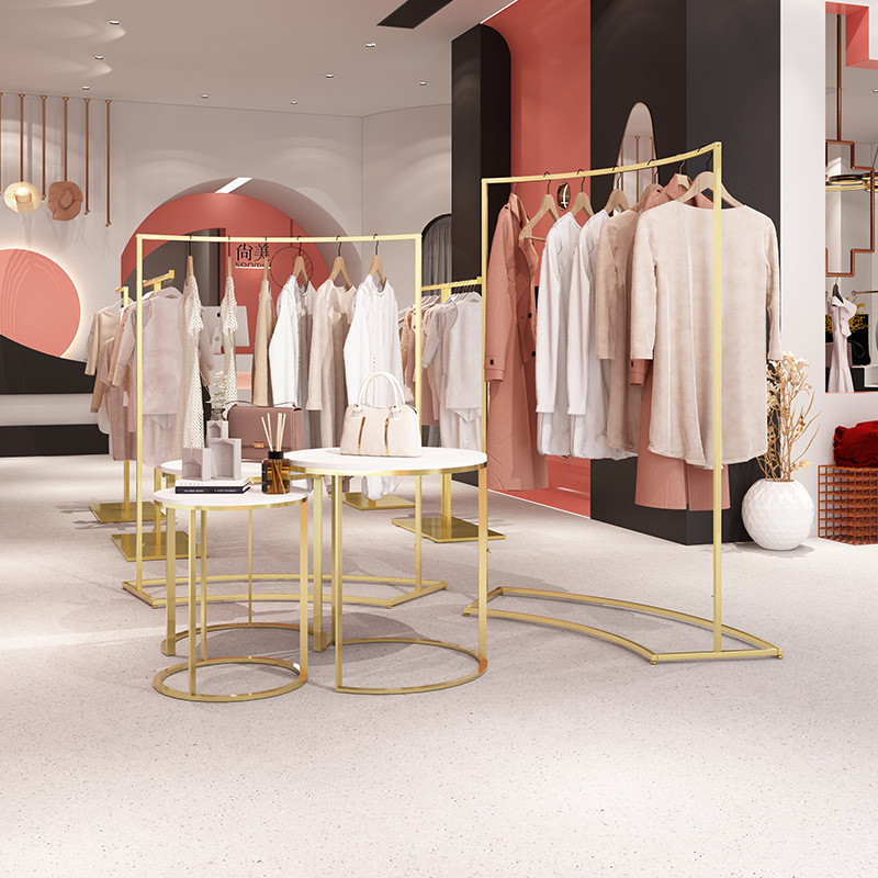 金色服装店展示架圆形中岛架简约橱窗展示桌示柜衣架流水台货架