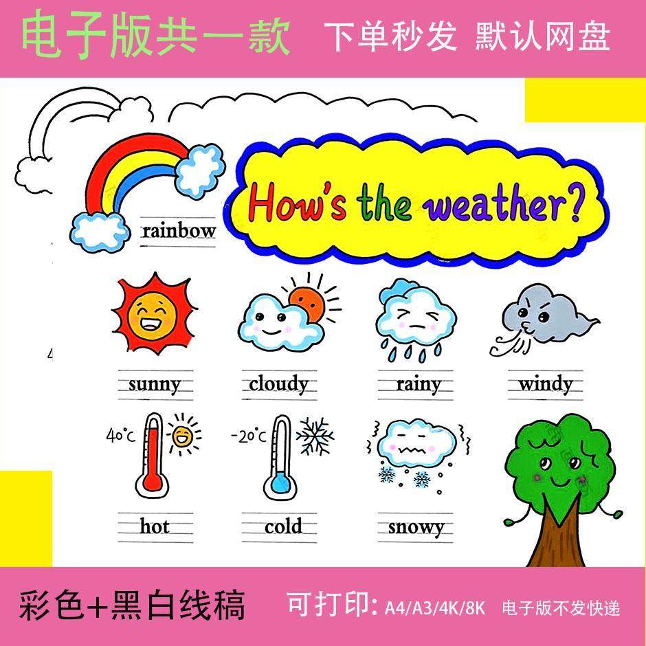 手抄报线稿英语Weather天气小学生人教版英语四年级下册第三单元