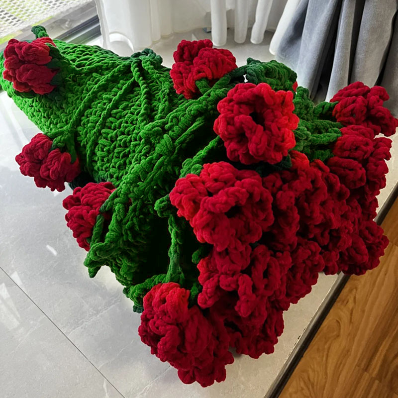 玫瑰花束毯子diy手工编织材料包针织毛线团花朵毛毯手捧花冰条线