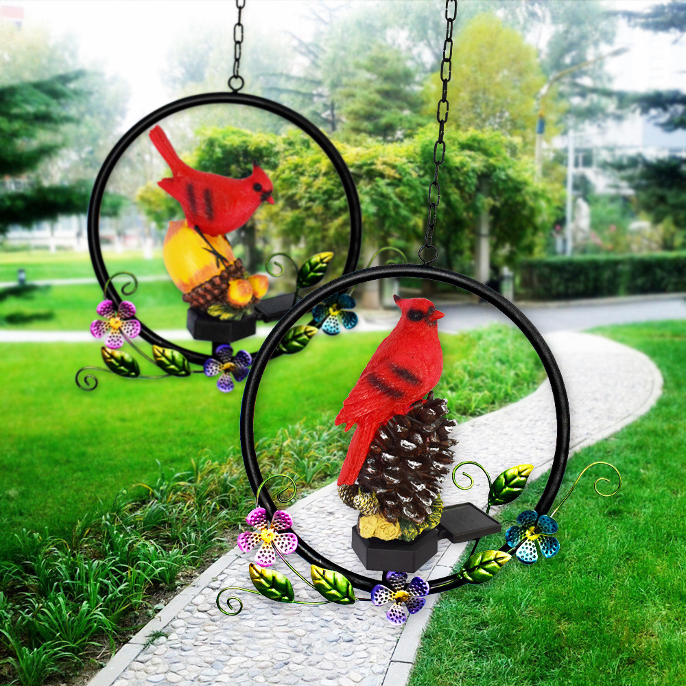 跨境太阳能露营灯圣诞铁艺挂件树脂红鸟户外庭院草坪节日装饰灯