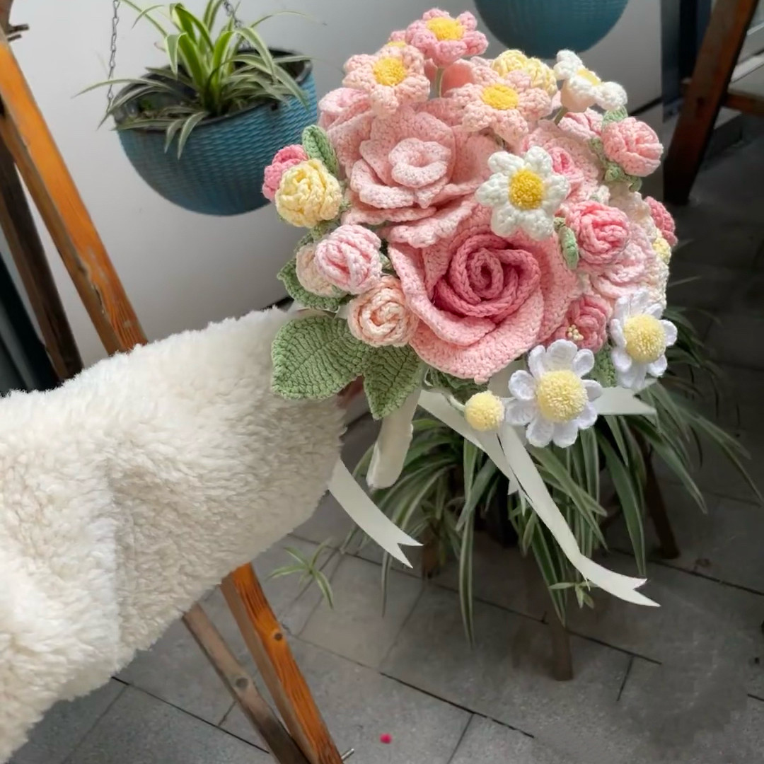毛线钩织新娘手捧花自制手工diy材料包编织成品花束送闺蜜朋友