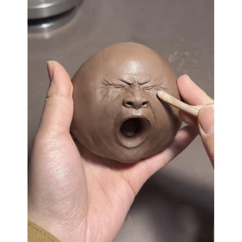丑萌打哈欠小人头粗陶茶宠茶玩摆件中式手把件茶室茶道配件