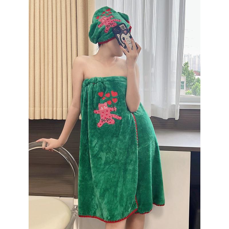 珊瑚绒浴巾女可穿可裹浴裙裹巾两件套成人家用柔软吸水抹胸干发帽