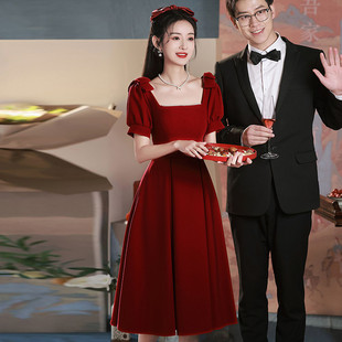 直销酒红色方领敬酒服新娘结婚小礼服裙平时可穿订婚连衣裙回门服