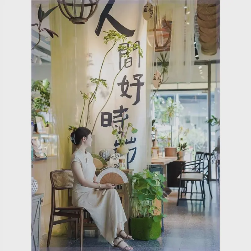 墙上遮丑挂布纱幔水墨画半透纱新中式书法荷花布景装饰布小院背景图片