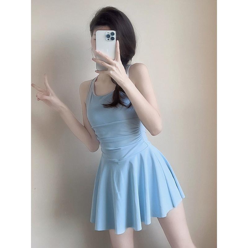 游泳馆泳衣女款夏连体平角蓝色小个子泳池微胖女孩遮肉保守高级感