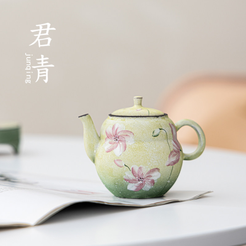手绘清澜樱花粗陶茶壶陶瓷手抓壶复古家用功夫茶具陶瓷茶具礼盒装