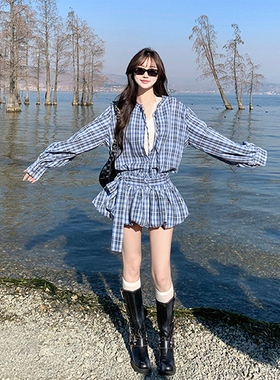 韩系学院风套装女春季新款宽松蓝色格纹花苞裙裤+衬衫两件套