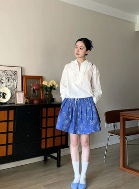 慵懒风翻领花边白色长袖衬衫女气质蓝色碎花半身裙两件套新款