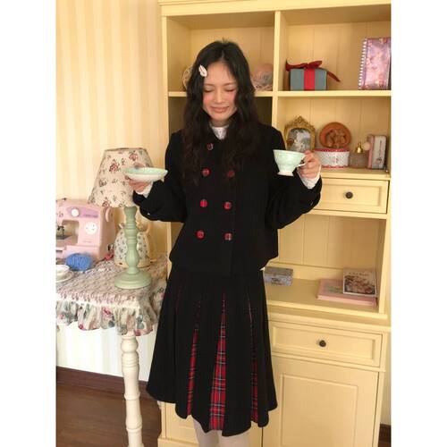 【莓雾织章】圣诞氛围套装双排扣毛呢外套红格子拼接百褶裙两件套